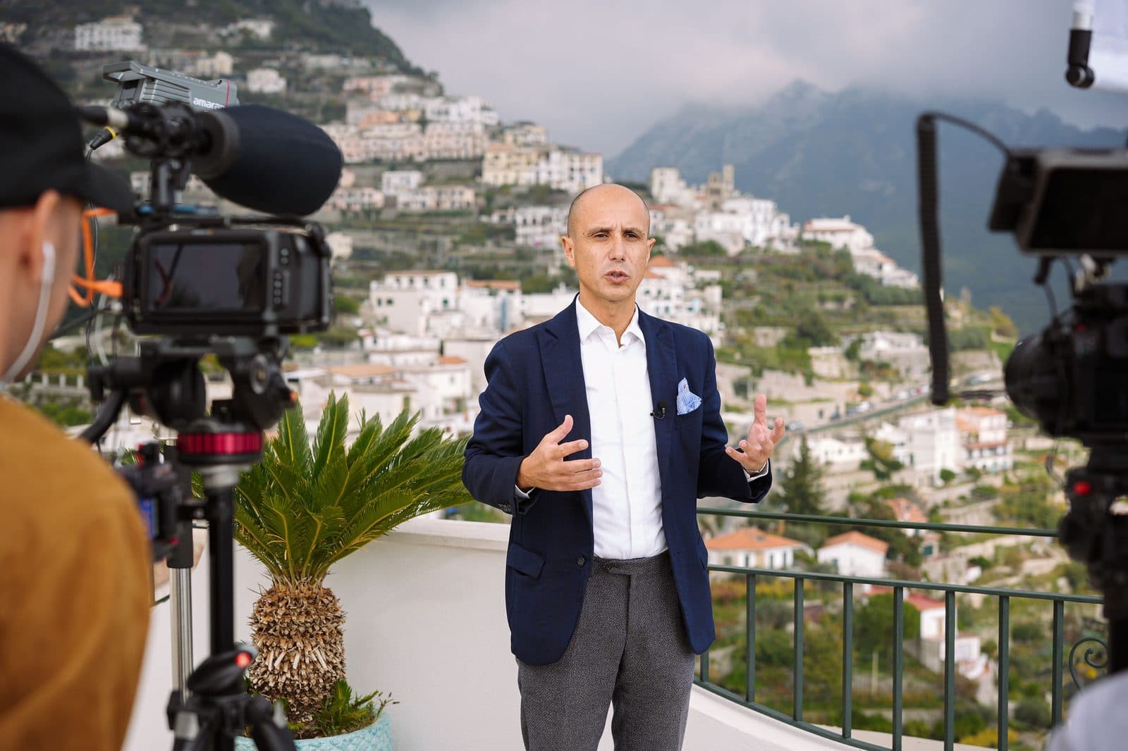 Filming on the terrace at Hotel Caruso, above the Amalfi Coast