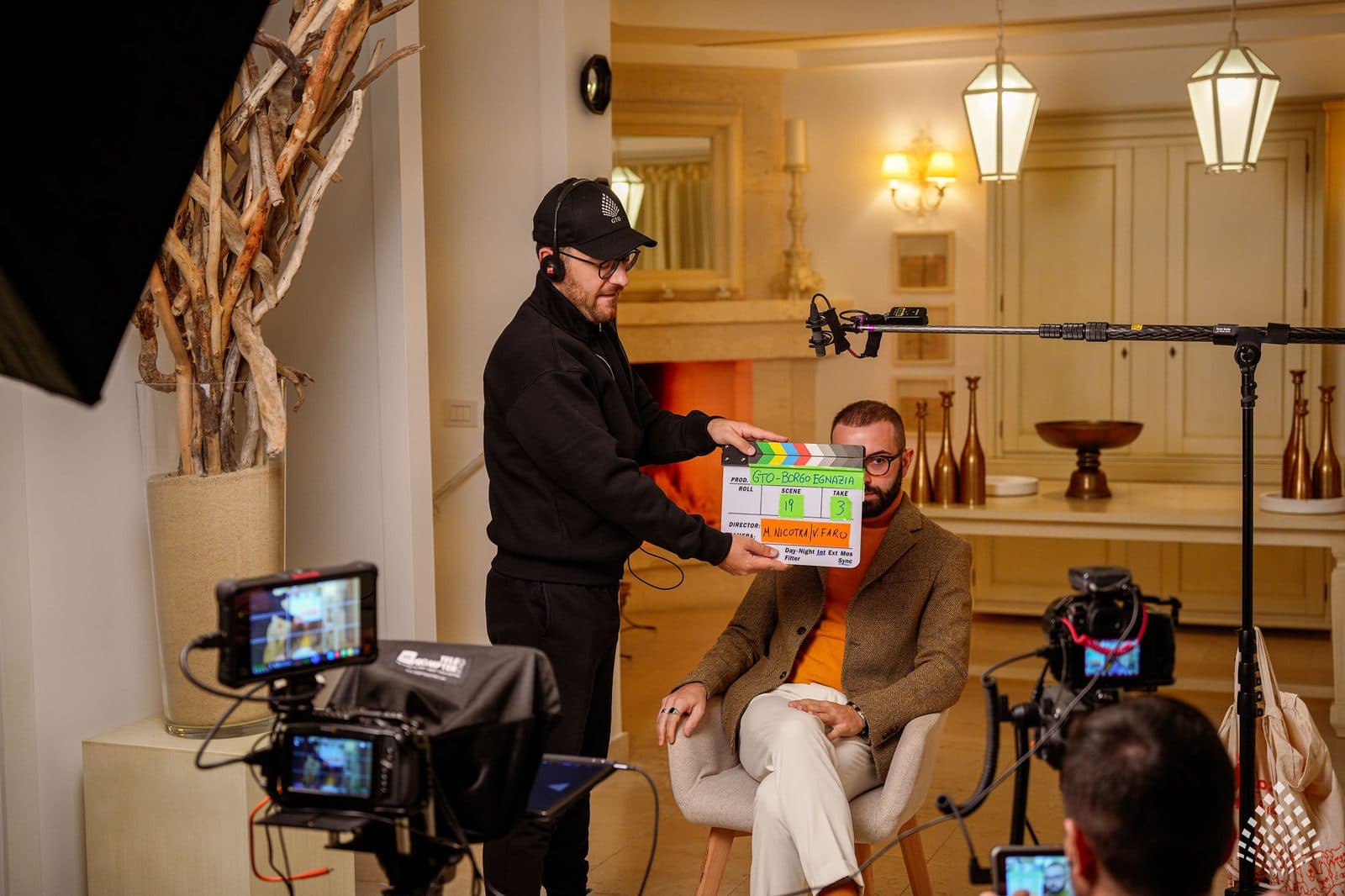 The clapperboard before a take at Borgo Egnazia