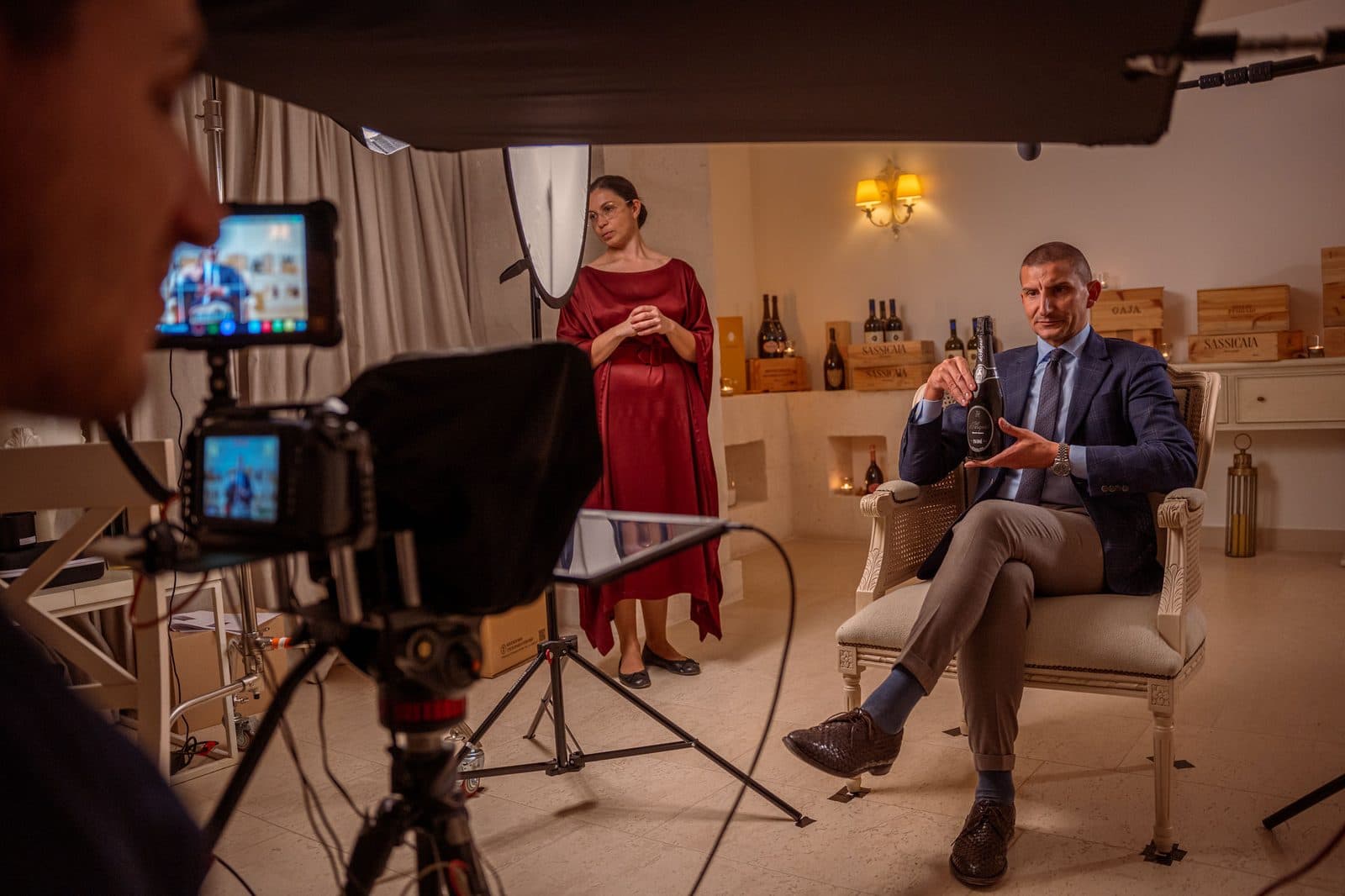The crew filming the wine masterclass at Borgo Egnazia