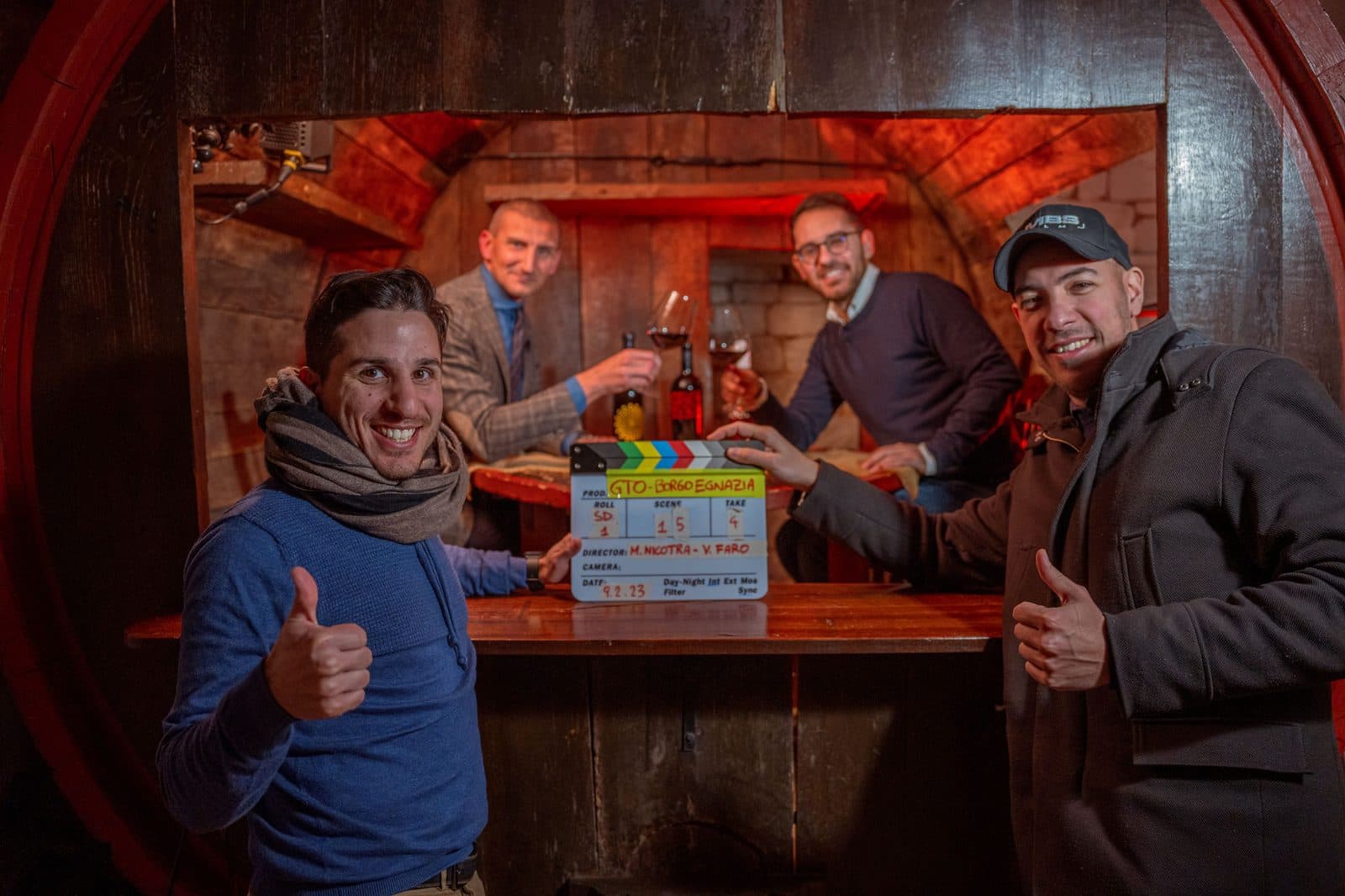 The crew in the barrel cellar at Borgo Egnazia