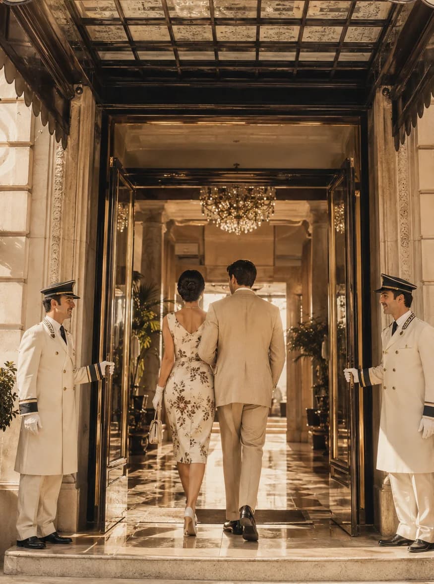 A couple arriving at a grand hotel, received by the doormen